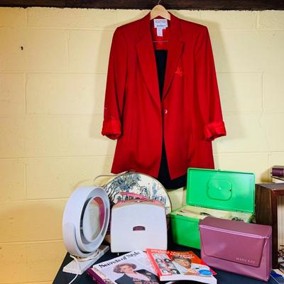 LOT: Vintage Mary Kay Red Jacket and Black Skirt by Brookhurst, Mary Kay Case,Vintage Cinderella Hot Rollers, Curlers, Mid Century Style...