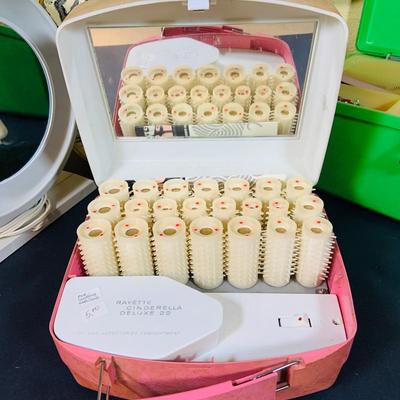 LOT: Vintage Mary Kay Red Jacket and Black Skirt by Brookhurst, Mary Kay Case,Vintage Cinderella Hot Rollers, Curlers, Mid Century Style...