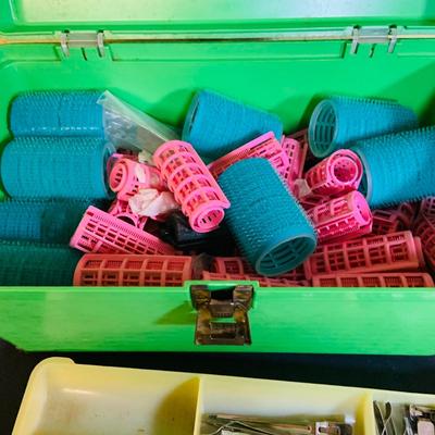 LOT: Vintage Mary Kay Red Jacket and Black Skirt by Brookhurst, Mary Kay Case,Vintage Cinderella Hot Rollers, Curlers, Mid Century Style...