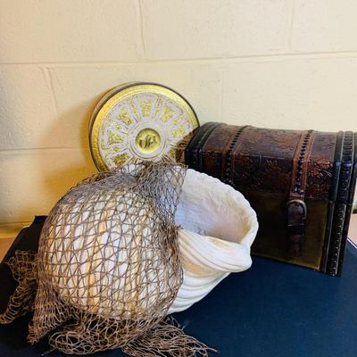 LOT 367: Giant Ceramic Sea Shell. Planter, Fishing Net, Wooden Treasure Chest Box, and Vintage Guildcraft Tins