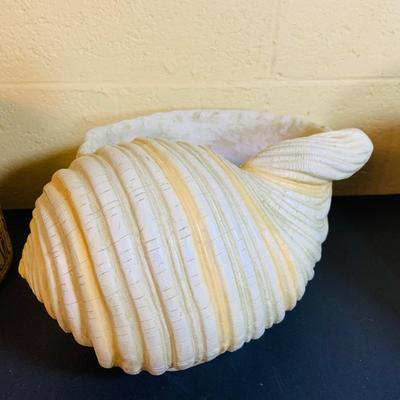 LOT 367: Giant Ceramic Sea Shell. Planter, Fishing Net, Wooden Treasure Chest Box, and Vintage Guildcraft Tins