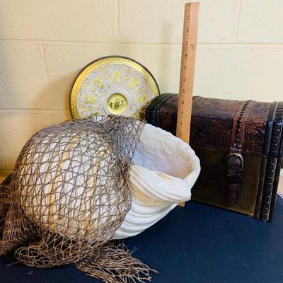 LOT 367: Giant Ceramic Sea Shell. Planter, Fishing Net, Wooden Treasure Chest Box, and Vintage Guildcraft Tins