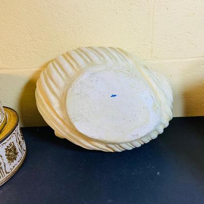 LOT 367: Giant Ceramic Sea Shell. Planter, Fishing Net, Wooden Treasure Chest Box, and Vintage Guildcraft Tins