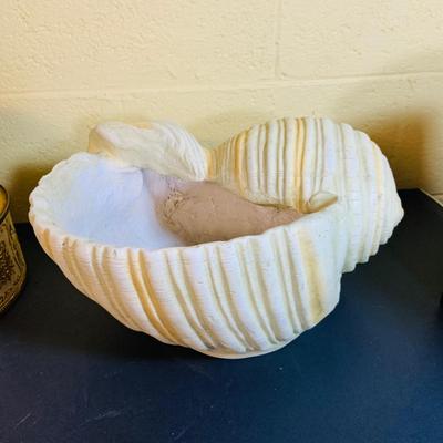 LOT 367: Giant Ceramic Sea Shell. Planter, Fishing Net, Wooden Treasure Chest Box, and Vintage Guildcraft Tins