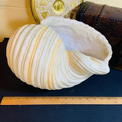 LOT 367: Giant Ceramic Sea Shell. Planter, Fishing Net, Wooden Treasure Chest Box, and Vintage Guildcraft Tins