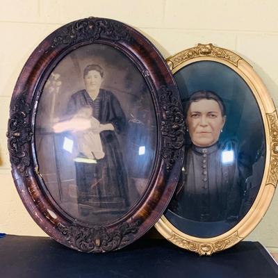 LOT 368: Set of Two Antique Oval Wood Frame with Convex Bubble Glass Photographic Portraits