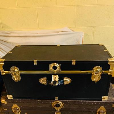 LOT 373: Vintage Black Steamer Trunk Full of Hats and Scarfs