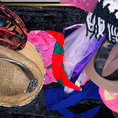 LOT 373: Vintage Black Steamer Trunk Full of Hats and Scarfs