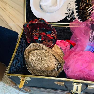 LOT 373: Vintage Black Steamer Trunk Full of Hats and Scarfs