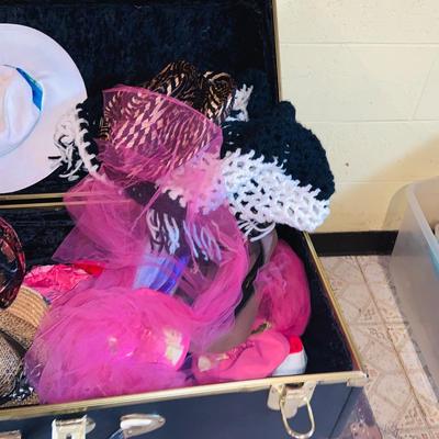 LOT 373: Vintage Black Steamer Trunk Full of Hats and Scarfs