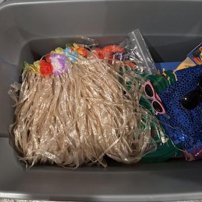 LOT 377: Luau Decor and More: Hula Hoops, Color Felt Fish Hats. Seashells, Child Size Hula Skirts and More