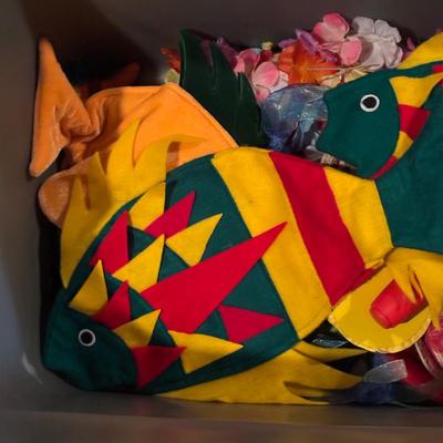 LOT 377: Luau Decor and More: Hula Hoops, Color Felt Fish Hats. Seashells, Child Size Hula Skirts and More