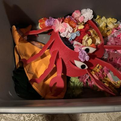 LOT 377: Luau Decor and More: Hula Hoops, Color Felt Fish Hats. Seashells, Child Size Hula Skirts and More