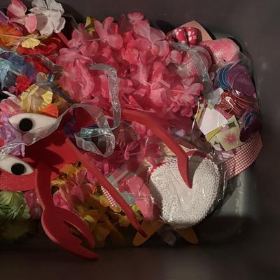 LOT 377: Luau Decor and More: Hula Hoops, Color Felt Fish Hats. Seashells, Child Size Hula Skirts and More