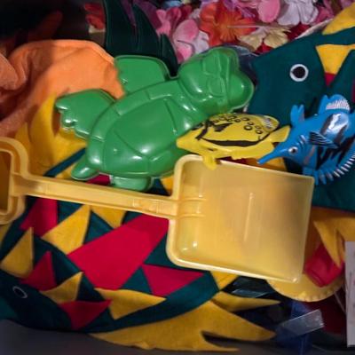 LOT 377: Luau Decor and More: Hula Hoops, Color Felt Fish Hats. Seashells, Child Size Hula Skirts and More