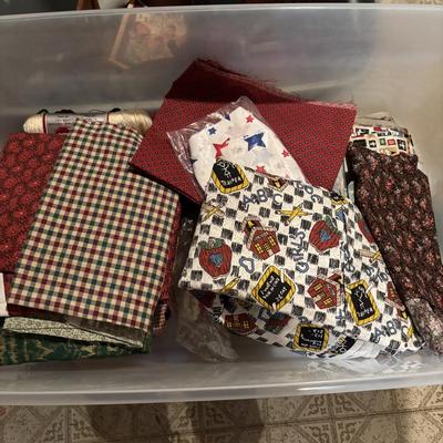 LOT: 378: Large Crafting & Sewing Lot: Fabric, Sewing Mat, Thread, Crochet Needles etc.