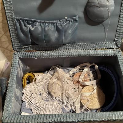 LOT: 378: Large Crafting & Sewing Lot: Fabric, Sewing Mat, Thread, Crochet Needles etc.