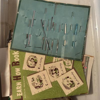 LOT: 378: Large Crafting & Sewing Lot: Fabric, Sewing Mat, Thread, Crochet Needles etc.
