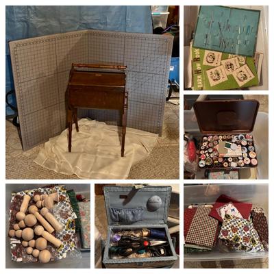 LOT: 378: Large Crafting & Sewing Lot: Fabric, Sewing Mat, Thread, Crochet Needles etc.