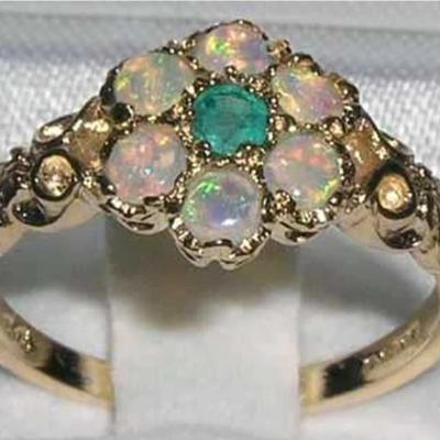 9K Yellow Gold Natural Emerald & Opal Dainty Daisy Flower Cluster Ring