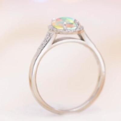 Vintage Faceted Opal 925 White Gold Ring