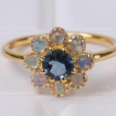 Blue Topaz Fire Opal Flower Setting Ring