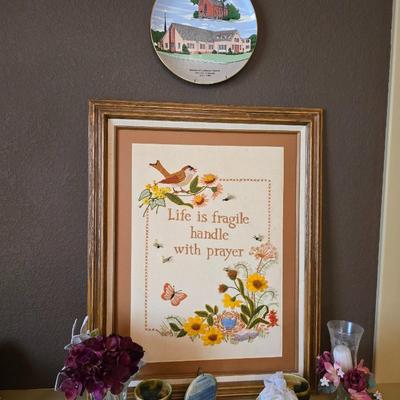 Inspirational Decor & Church Memorabilia Lot – Framed Quote, Commemorative Plate & Accents