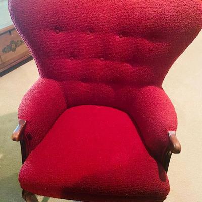 Vintage Tufted Wingback Armchair – Red Textured Upholstery, Queen Anne Legs