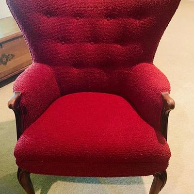 Vintage Tufted Wingback Armchair – Red Textured Upholstery, Queen Anne Legs