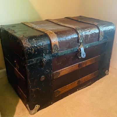 Antique Steamer Trunk – Wood & Metal Dome Top Chest with Original Hardware