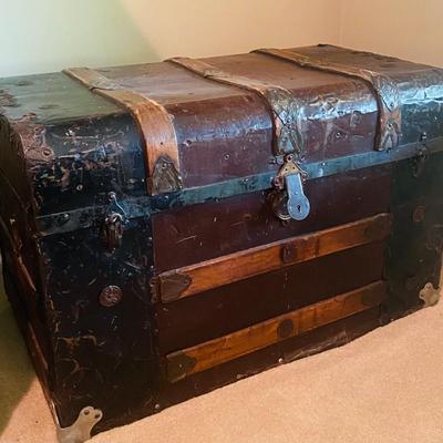 Antique Steamer Trunk – Wood & Metal Dome Top Chest with Original Hardware