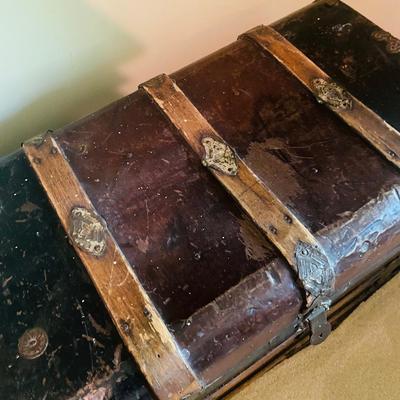 Antique Steamer Trunk – Wood & Metal Dome Top Chest with Original Hardware