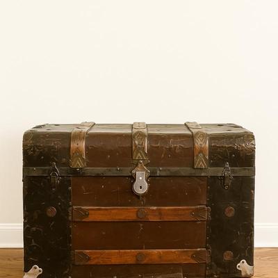 Antique Steamer Trunk – Wood & Metal Dome Top Chest with Original Hardware