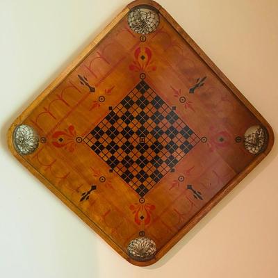Vintage Hand-Painted Wooden Game Board – Carrom & Checkers Wall Art