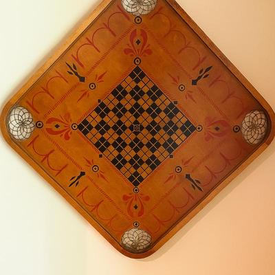 Vintage Hand-Painted Wooden Game Board – Carrom & Checkers Wall Art