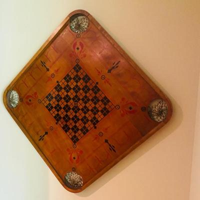 Vintage Hand-Painted Wooden Game Board – Carrom & Checkers Wall Art