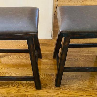Pair of Dark Wood Barstools with Padded Faux Leather Seats – Counter Height