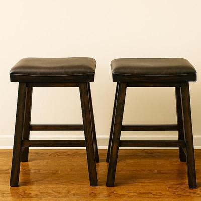 Pair of Dark Wood Barstools with Padded Faux Leather Seats – Counter Height