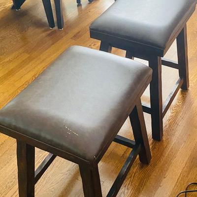 Pair of Dark Wood Barstools with Padded Faux Leather Seats – Counter Height