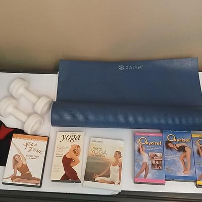 Yoga & Fitness Lot – Gaiam Mat, Dumbbells, DVDs, Ankle Weights & More