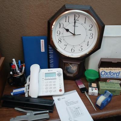 Office Desk Lot – Wall Clock, AT&T Phone, Supplies & More