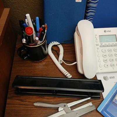 Office Desk Lot – Wall Clock, AT&T Phone, Supplies & More