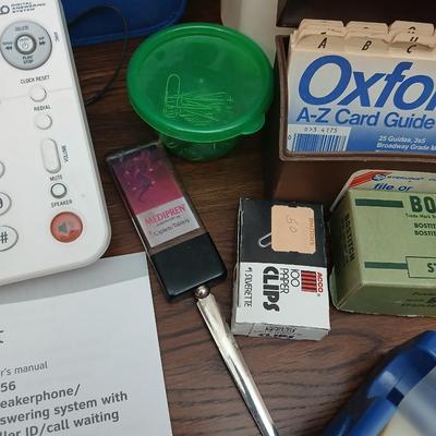 Office Desk Lot – Wall Clock, AT&T Phone, Supplies & More