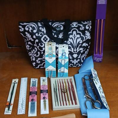 Knitting, Crochet & Sewing Tool Lot – Hooks, Shears, Tote & More
