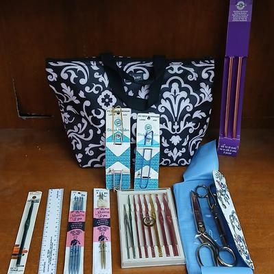 Knitting, Crochet & Sewing Tool Lot – Hooks, Shears, Tote & More