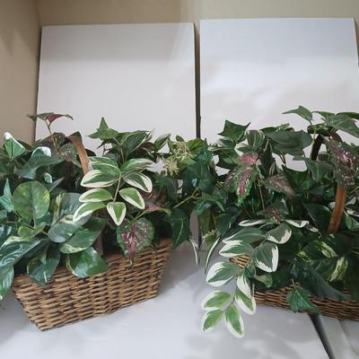 Pair of Faux Greenery Arrangements – Mixed Leaves in Woven Baskets