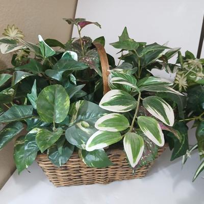 Pair of Faux Greenery Arrangements – Mixed Leaves in Woven Baskets