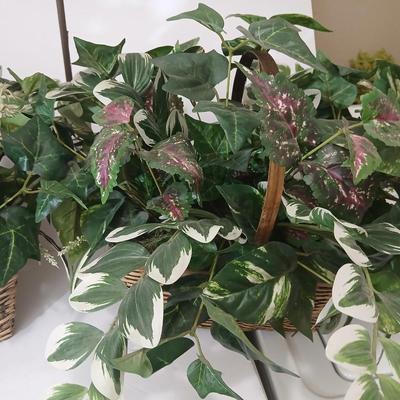 Pair of Faux Greenery Arrangements – Mixed Leaves in Woven Baskets