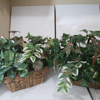 Pair of Faux Greenery Arrangements – Mixed Leaves in Woven Baskets