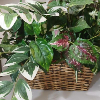 Pair of Faux Greenery Arrangements – Mixed Leaves in Woven Baskets